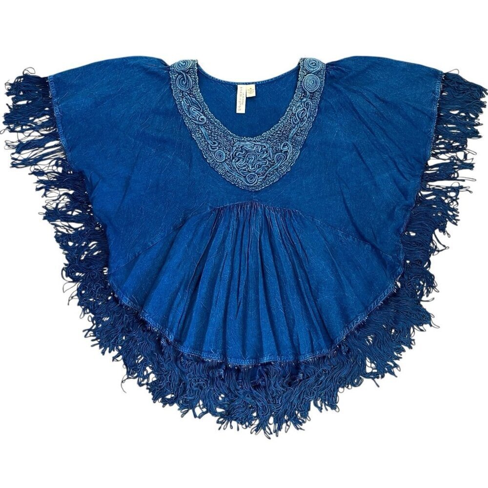 Studio West Apparel Women Blue Denim Fringe Poncho Western Top Boho Cowgirl M